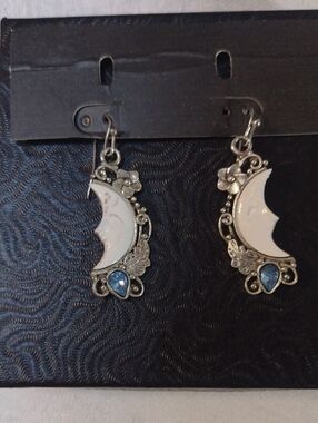 Silver Moon & Blue Teardrop Dangle Earrings - White and Blue